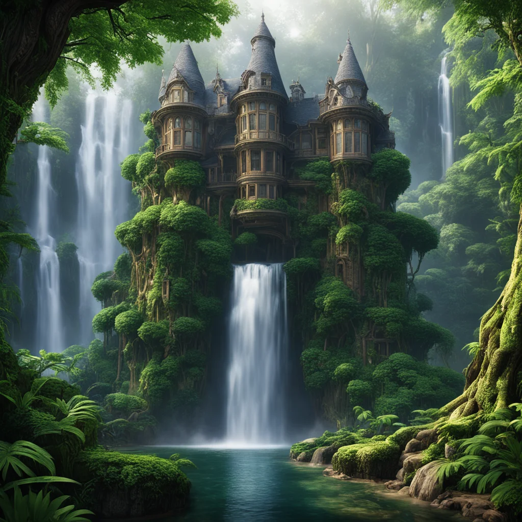 a Victorian mansion carved into a huge tree beside a waterfall in a dense jungle uplight stop 80  cinematic —ar 23