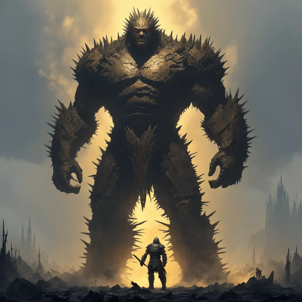  giant golem made out of swords and weapons like the iron throne in games of thrones metal armor spikes spears shadow of
