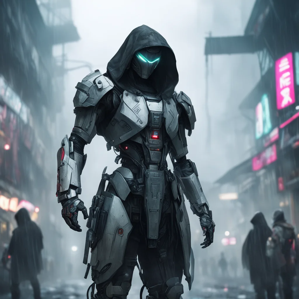  hooded cyborg standing in a misty market robotic arms cyberpunk character art cinematic traditional clothing big should
