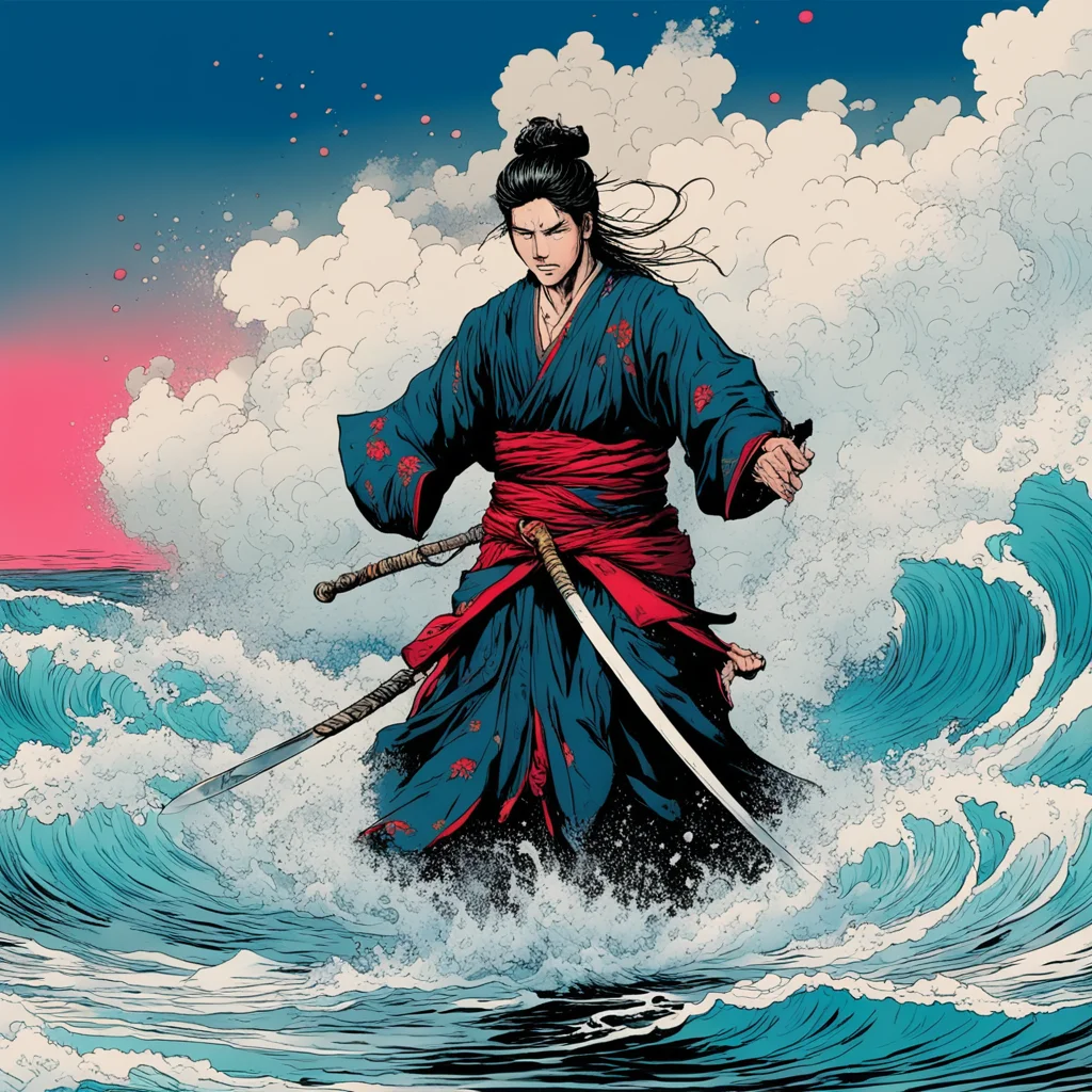 japanese samurai geisha hybrid walks out of the sea a large wave crashing behind him and over his back spraying water i