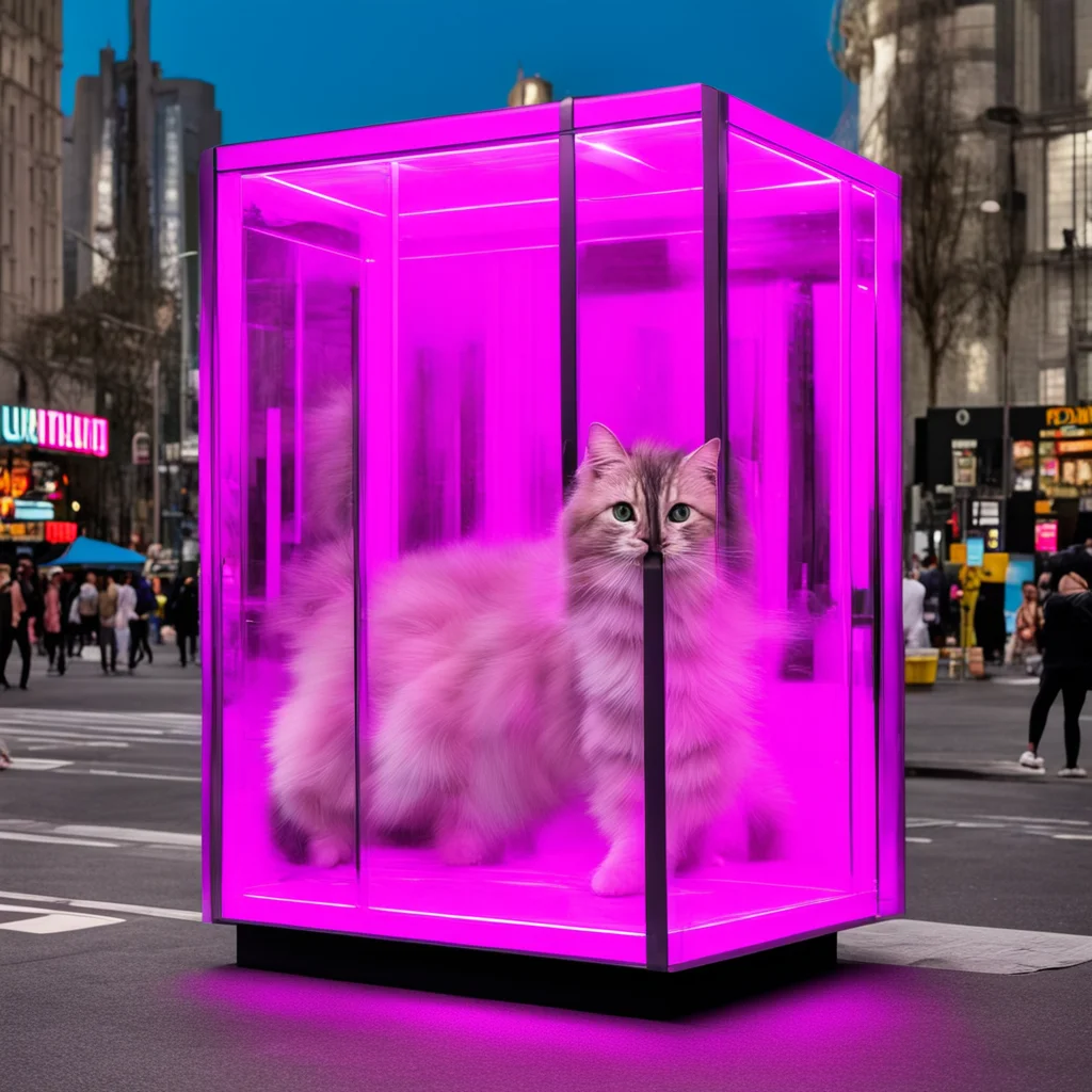 0 pink colour palette 01 Cat inside giant transparent box with tram style fit in screen 3 at [Melbournes Flinders Street