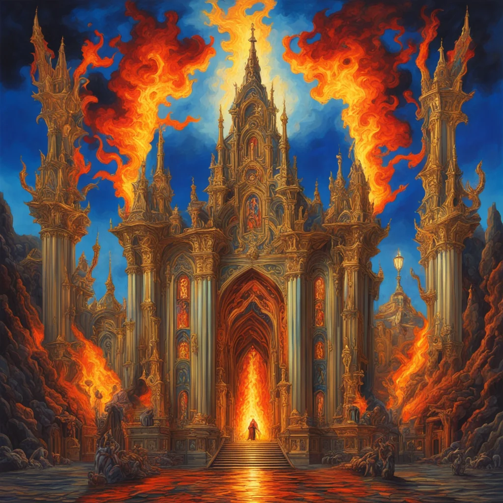 1 church of fire painted in the style of Don Davis and Rick Guidice symmetrical ornate baroque hypermaximalist detailed 