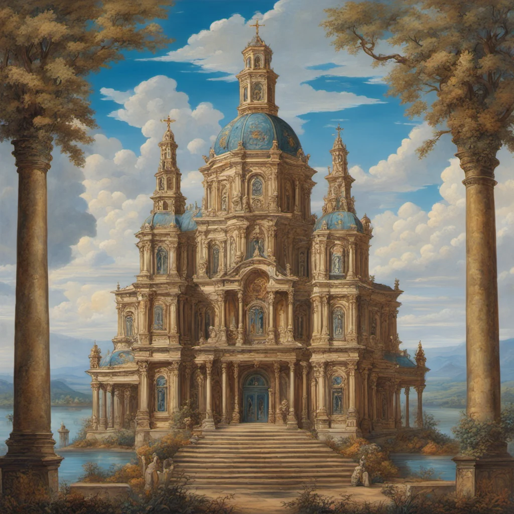 1 church of water painted in the style of Don Davis and Rick Guidice symmetrical ornate baroque hypermaximalist detailed horror luxury ultra wide lands