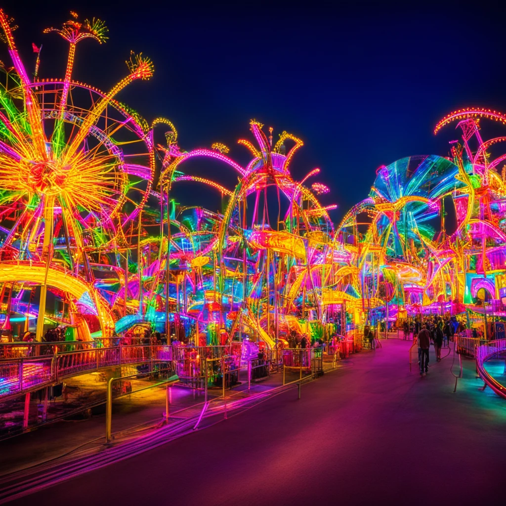 10 second exposure of lighted rides at an amusement parkdetailed photographpost processing detailhyperrealismar 169
