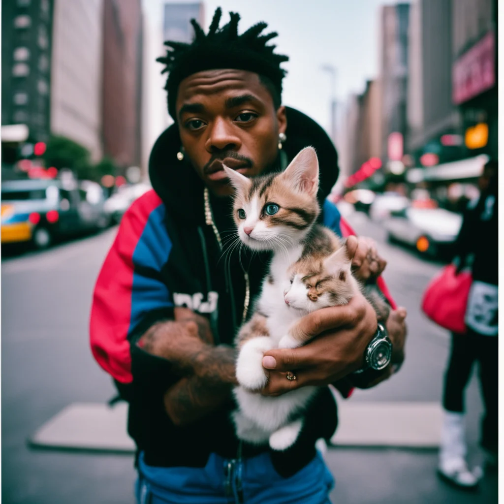 15mm wide angle lens photo of a rapper in 1990 New York holding a kitten up to the camera