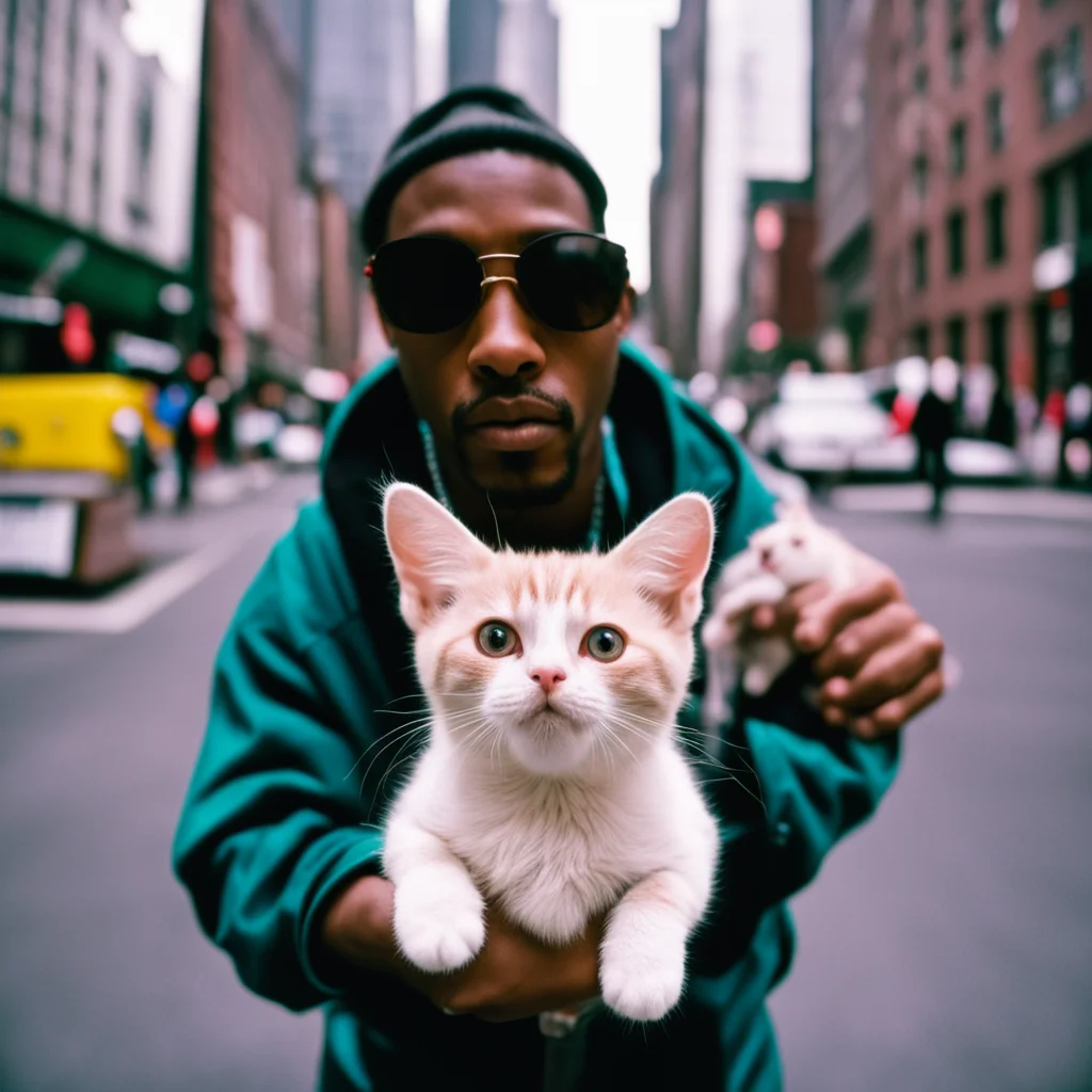 15mm wide angle lens photo of a rapper in 1990 new york holding a kitten up to the camera