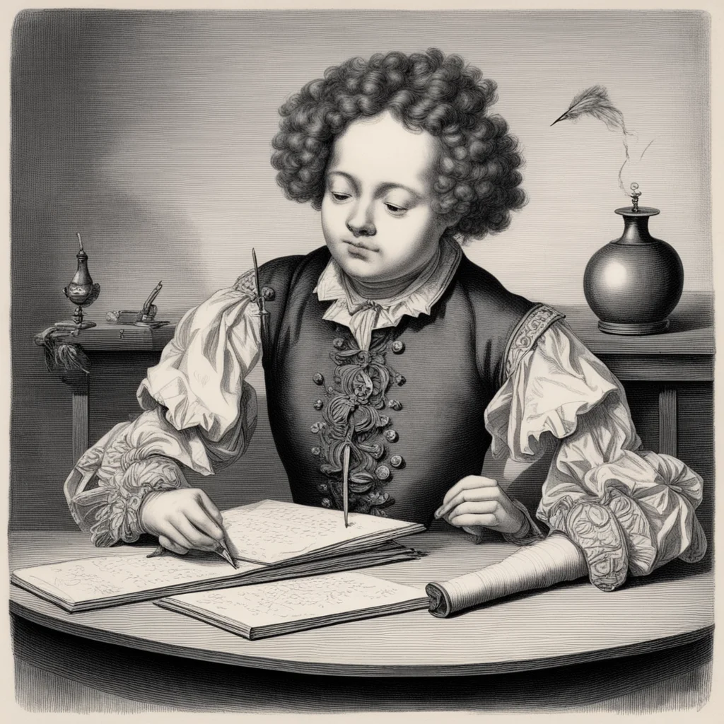 17th century clockwork automaton boy writing with a quill pen on a zine at a desk for an audience etching ar 43