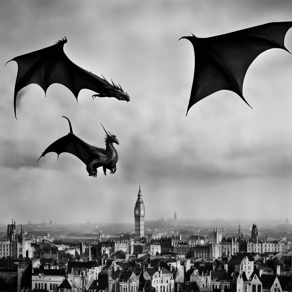 1800s style black and white grainy photo of a dragon over london
