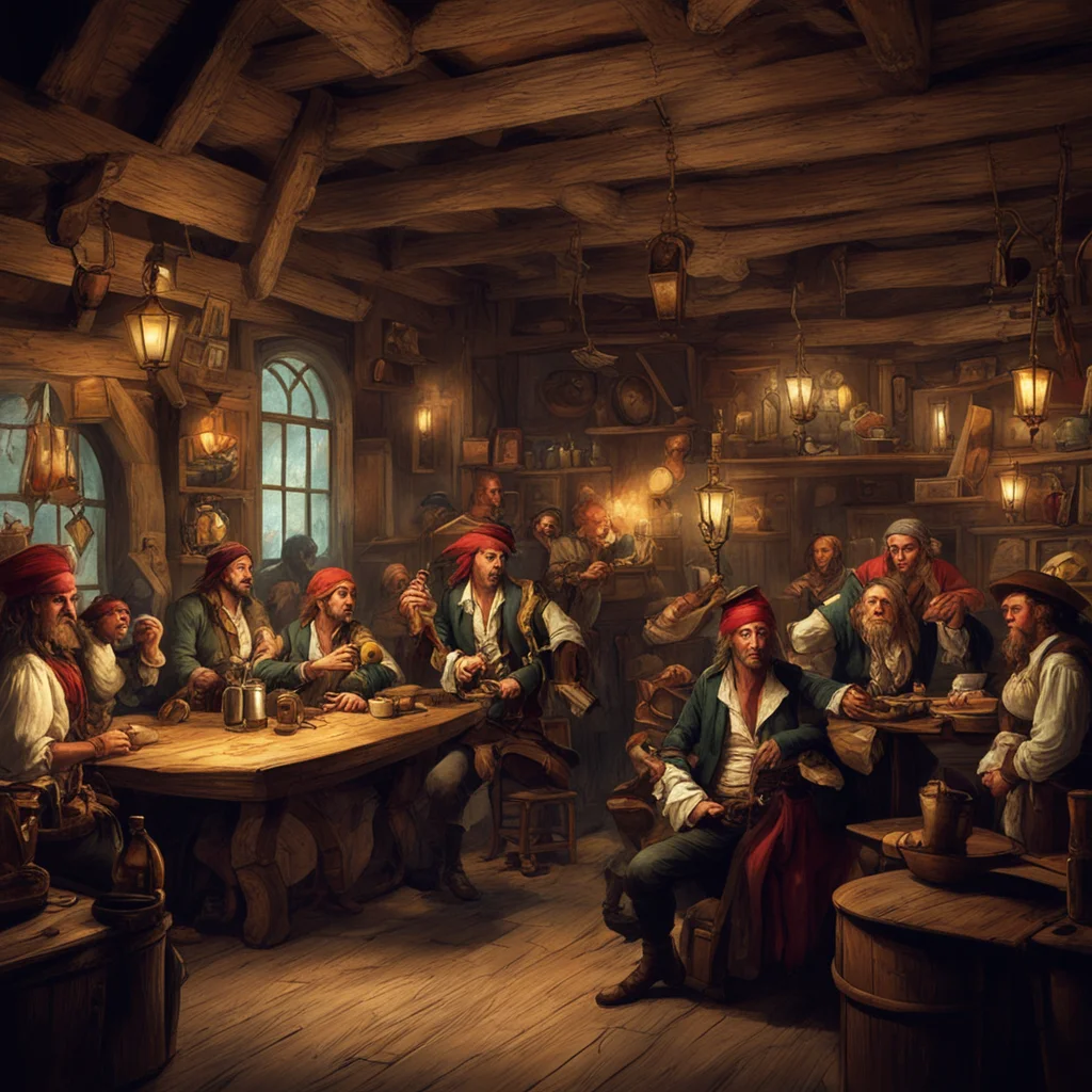 18th century an old pirates tavern lots of people and drinks warm lighting pirate band with instruments monkey island ar