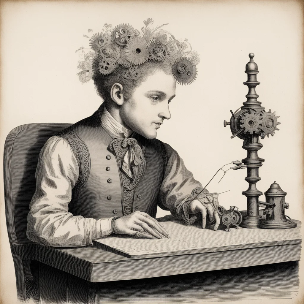 18th century automaton boy with gears in his head writing on a zine at a desk for a small audience etching ar 43