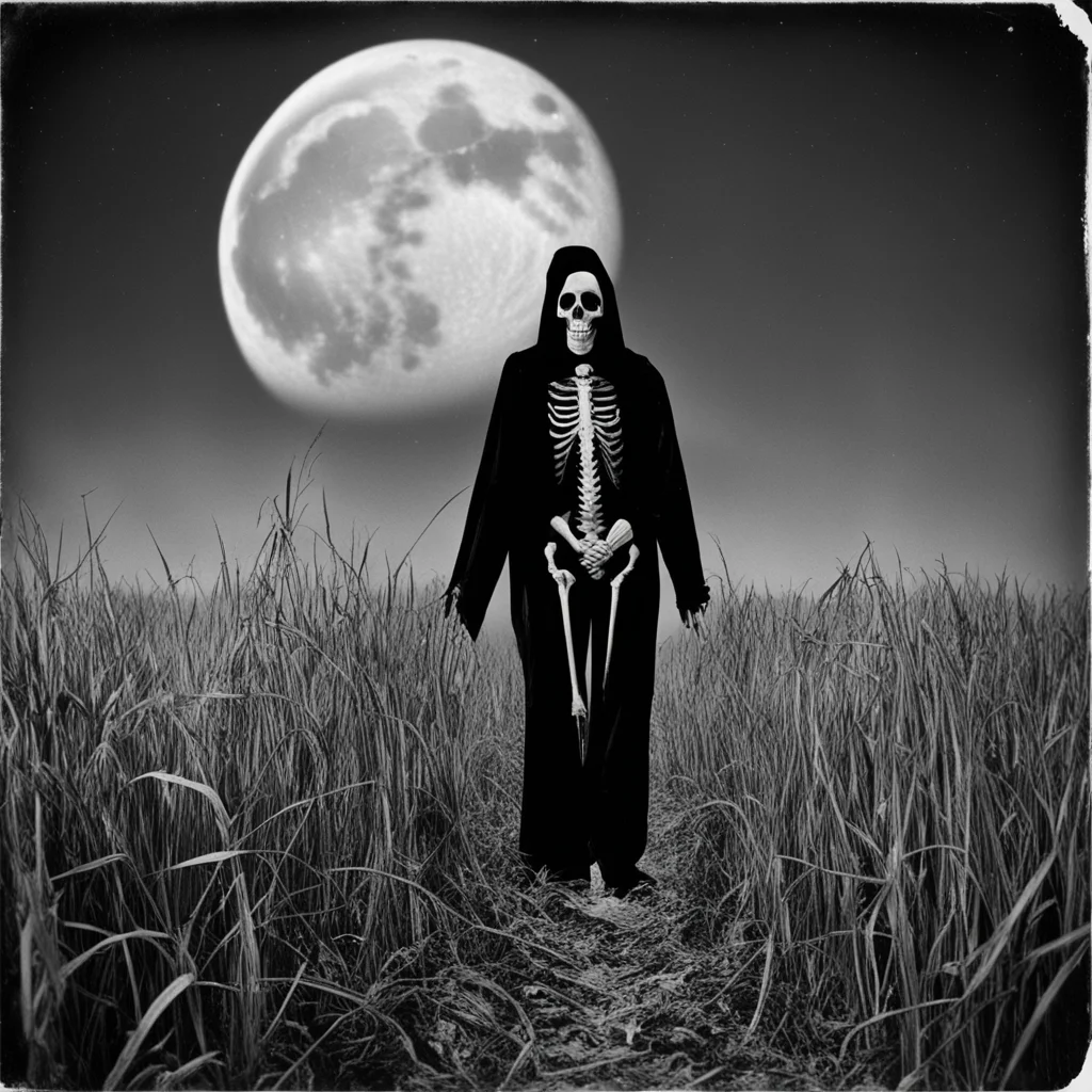 1920s flash photograph of a skeleton and the grim reaper holding hands in a moonlit cornfield  ar 57