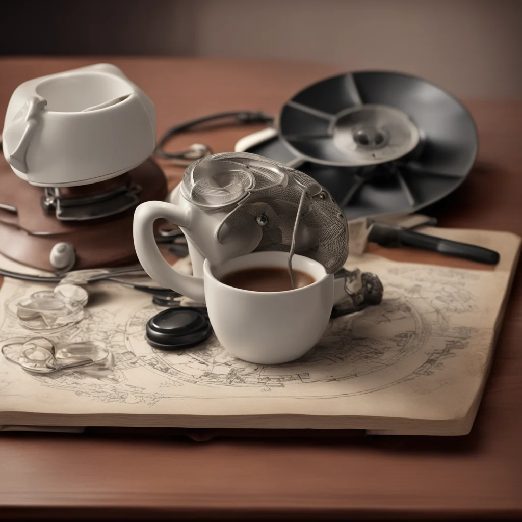 1930 almost empty coffee cup on desk broken electric fan vintage 1930s telephone photorealistic details intricate realis