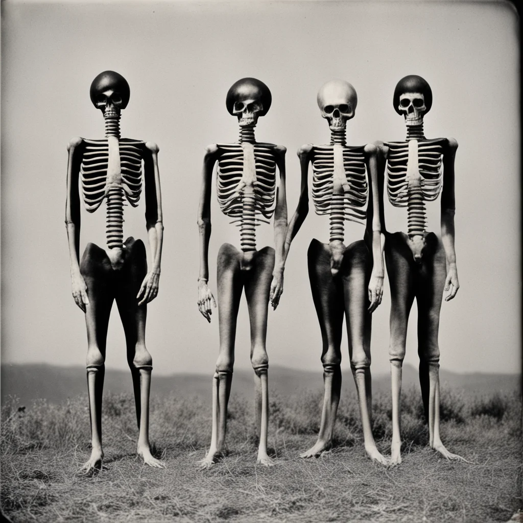 1930s Halloween photo of three tall men wearing full body skeleton suits  ar 57