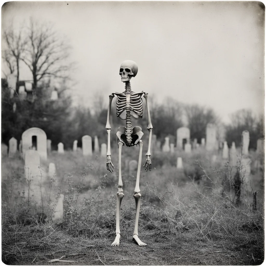 1930s Halloween photograph of a tall man in a skeleton costume standing in a rural Appalachian graveyard  ar 57