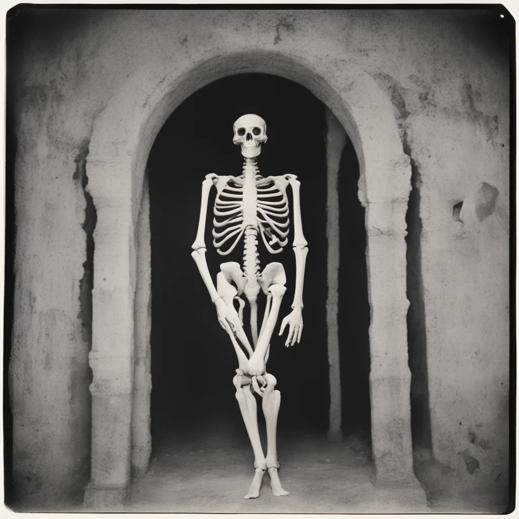 1930s flash photograph of a man in a skeleton costume inside an ossuary  ar 57