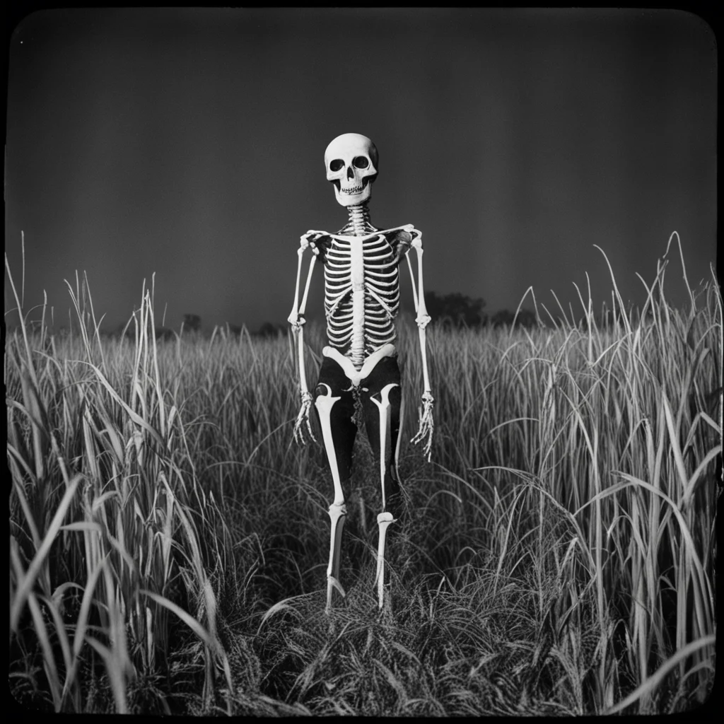 1930s flash photograph of a man wearing a skeleton costume in a cornfield at night  ar 54