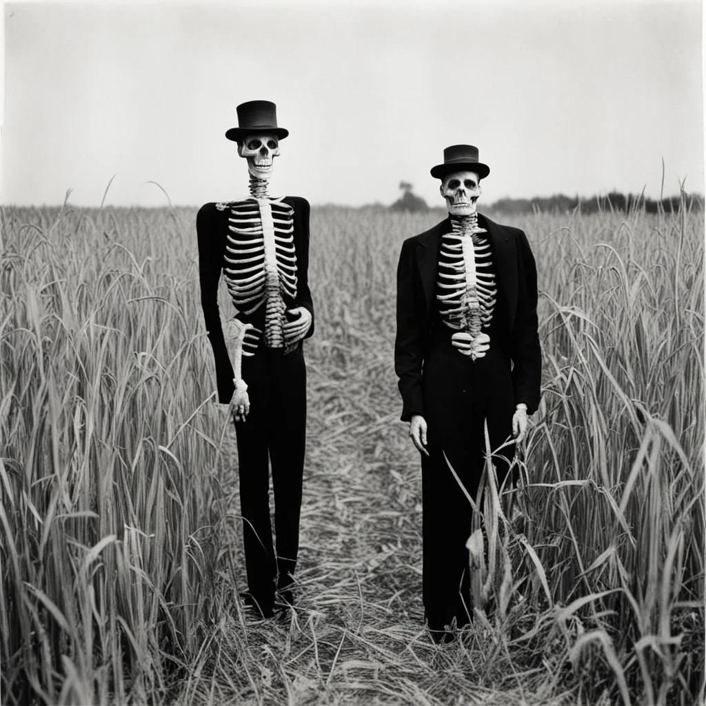 1930s flash photograph of a tall gaunt undertaker and a man in a skeleton costume in a cornfield