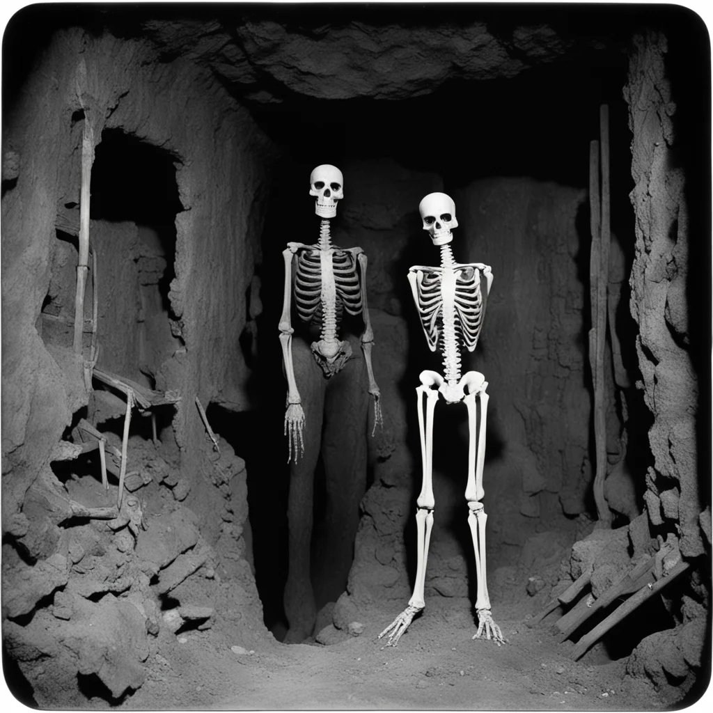 1930s flash photograph of a tall gaunt undertaker and a woman in a skeleton costume inside a coal mine