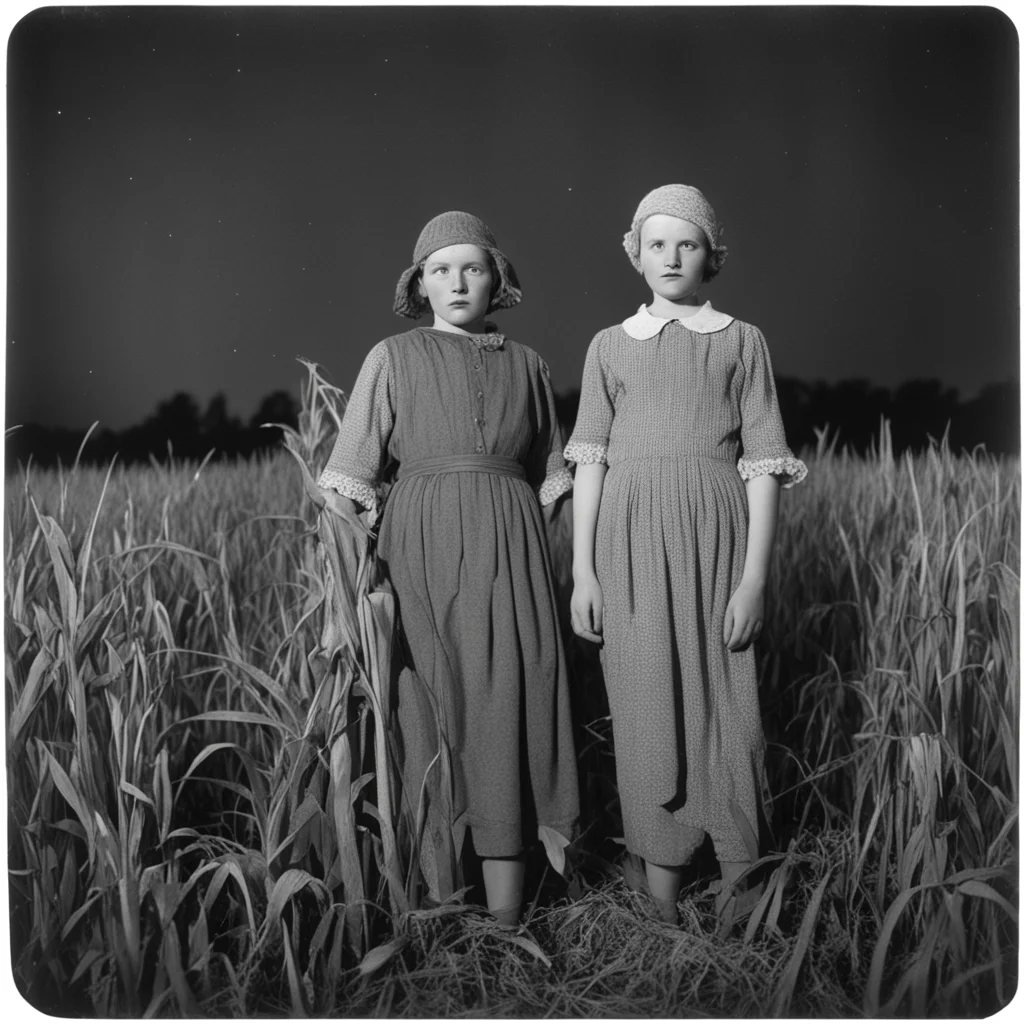 1930s flash photograph of a woman who is half old hag and half young lady standing in a cornfield at night  ar 57