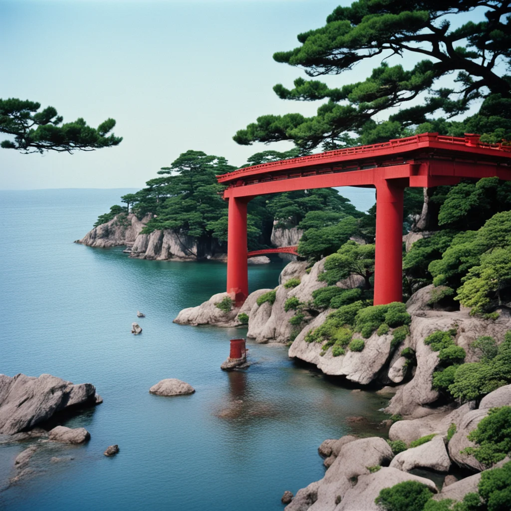 1950s Kodachrome photo of a red bridge crossing an inlet to a pine clad island in Matsushima bay A weathered Shinto shri