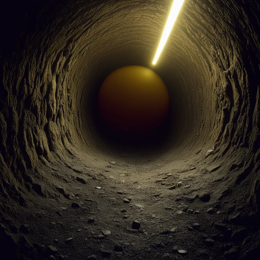 1950s color photograph of a golden sphere glowing at the far end of a coal mine tunnel
