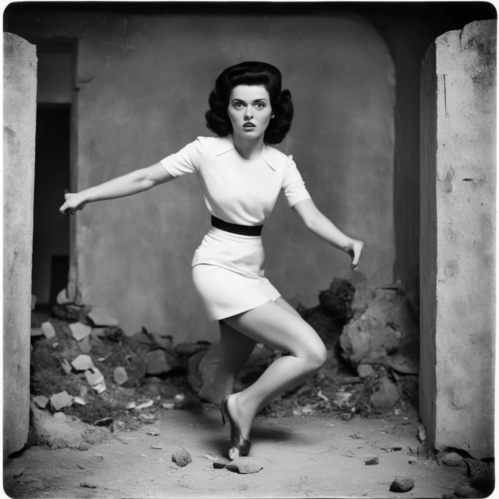 1950s flash photograph of a deranged black haired woman lunging at the camera inside an ossuary ar 75