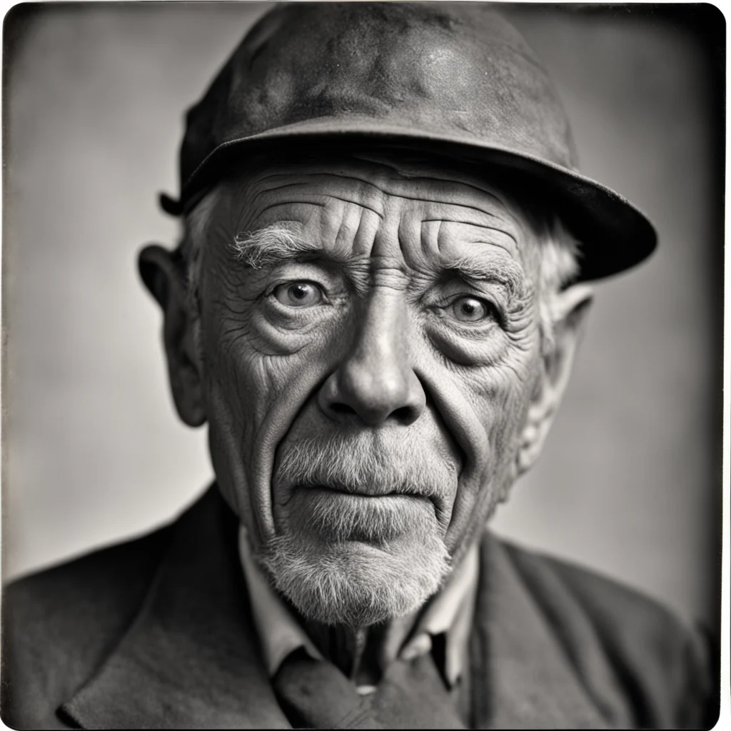 1950s flash photograph of an old blind coal miner with cataracted eyes  ar 57