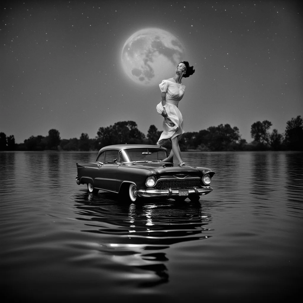 1950s photograph of a rockabilly woman dancing on the roof of a 57 Chevy half submerged in a moonlit lake  ar 75