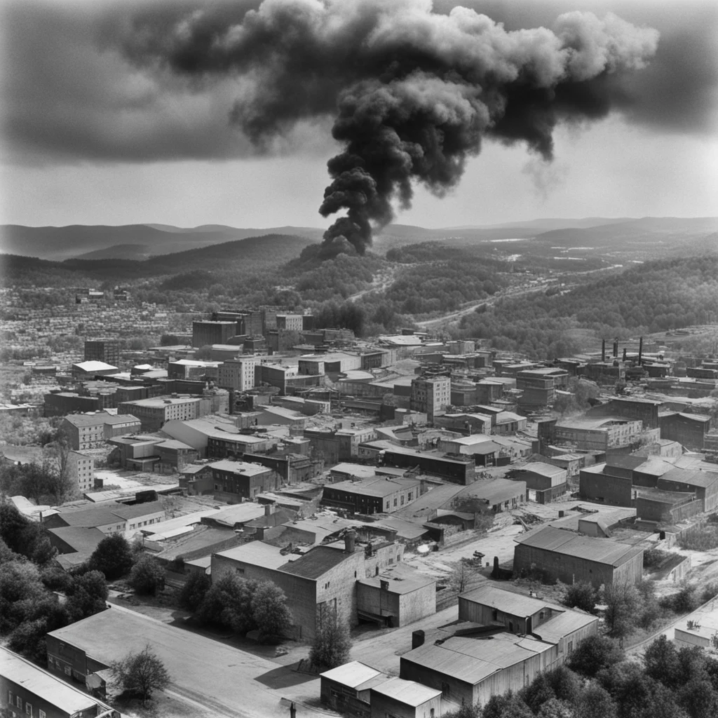 1950s photograph overlooking an Appalachian valley bisected by a river with a small town on one side and a sprawling fac