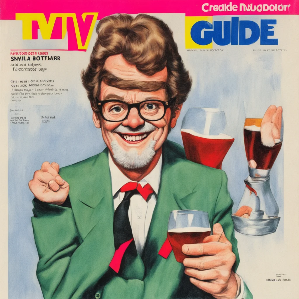1977 tv guide cover with charles nelson reilly drunk on bourbon drawn in the style of jack davis ar 34