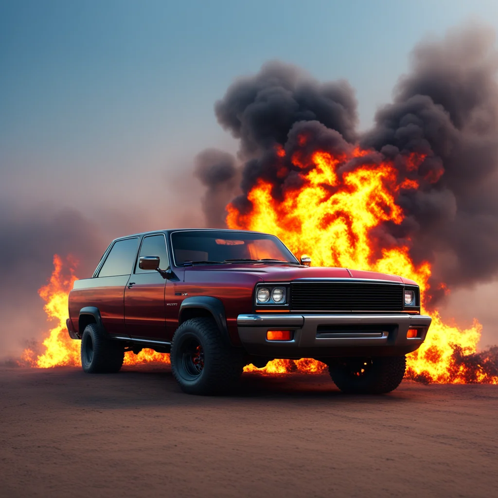 1994 Dodge Ram 1500 Lifted full view hyper realistic far away drone shot with flames on the background on a cinematic sc