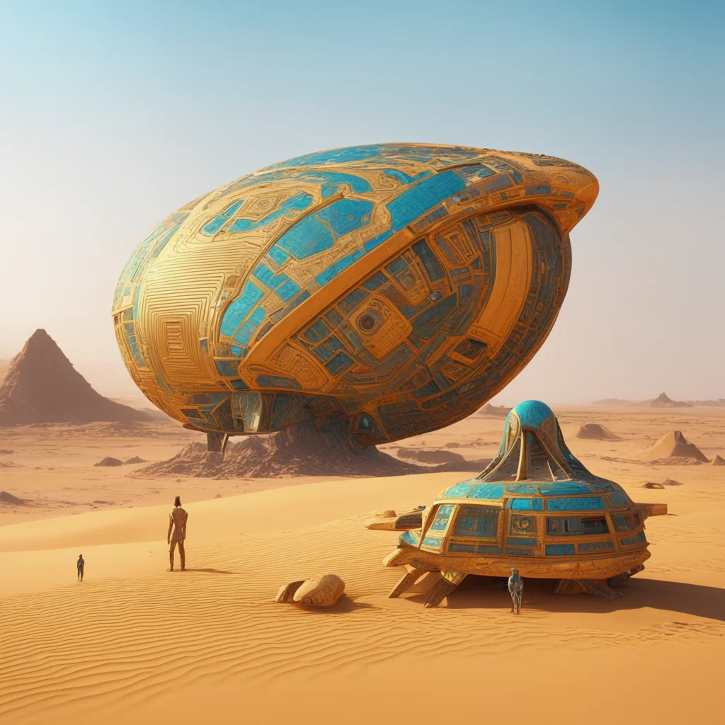 2 aliens looking at a small broken spaceship with Pharaonic patterns desert yellow and blue color 8k octane render hyper