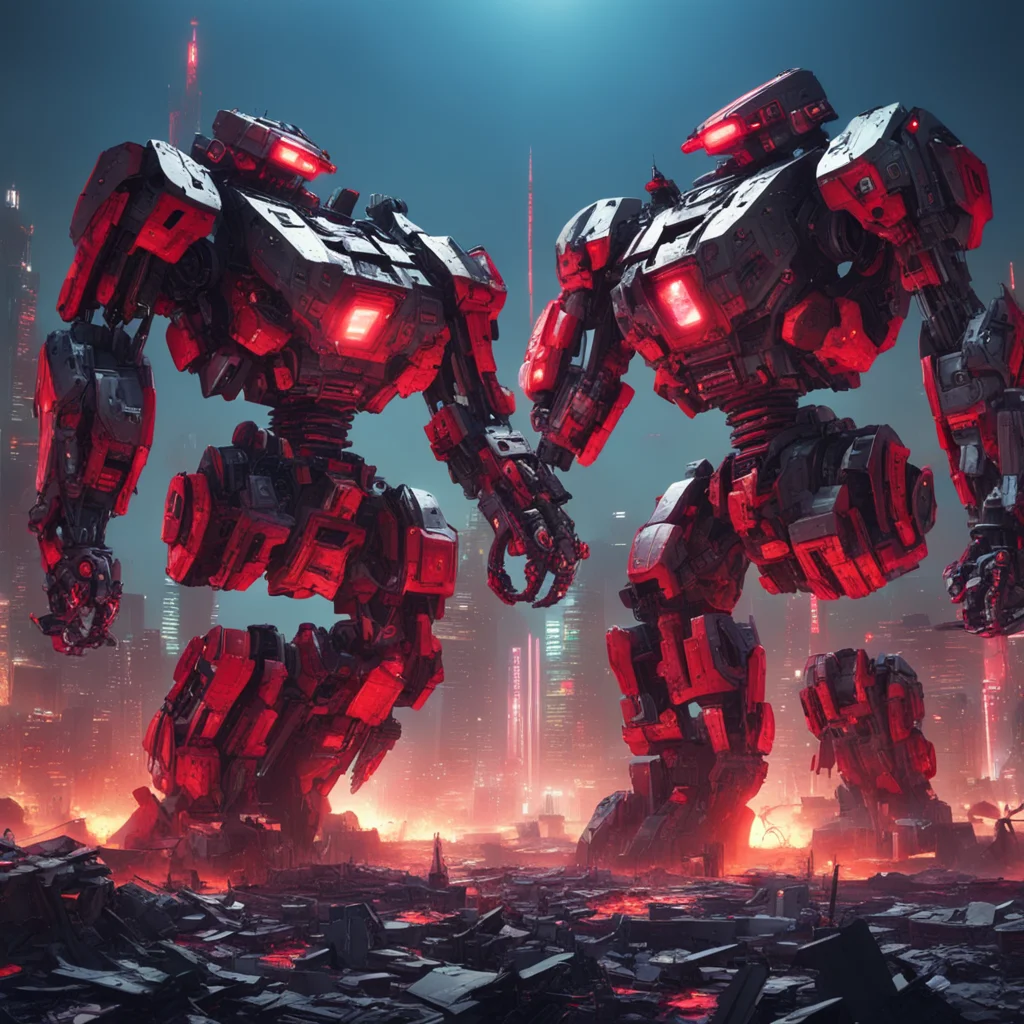 2 large mechs fighting over a destroyed red cyberpunk city at night gritty epic extremely detailed lighting 4k