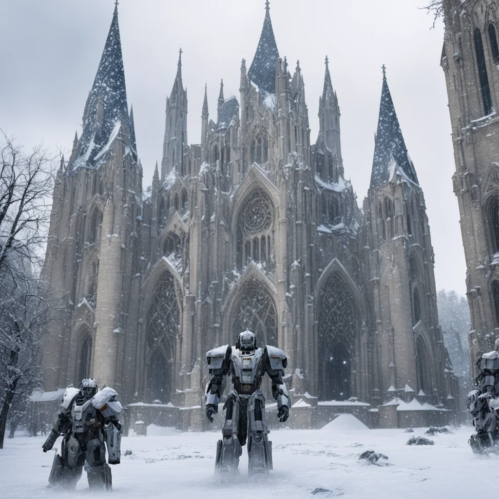 3 battle Mecha priests defending theCathedral of Notre Dame winter snow storm matte painting highly detailed hyper reali