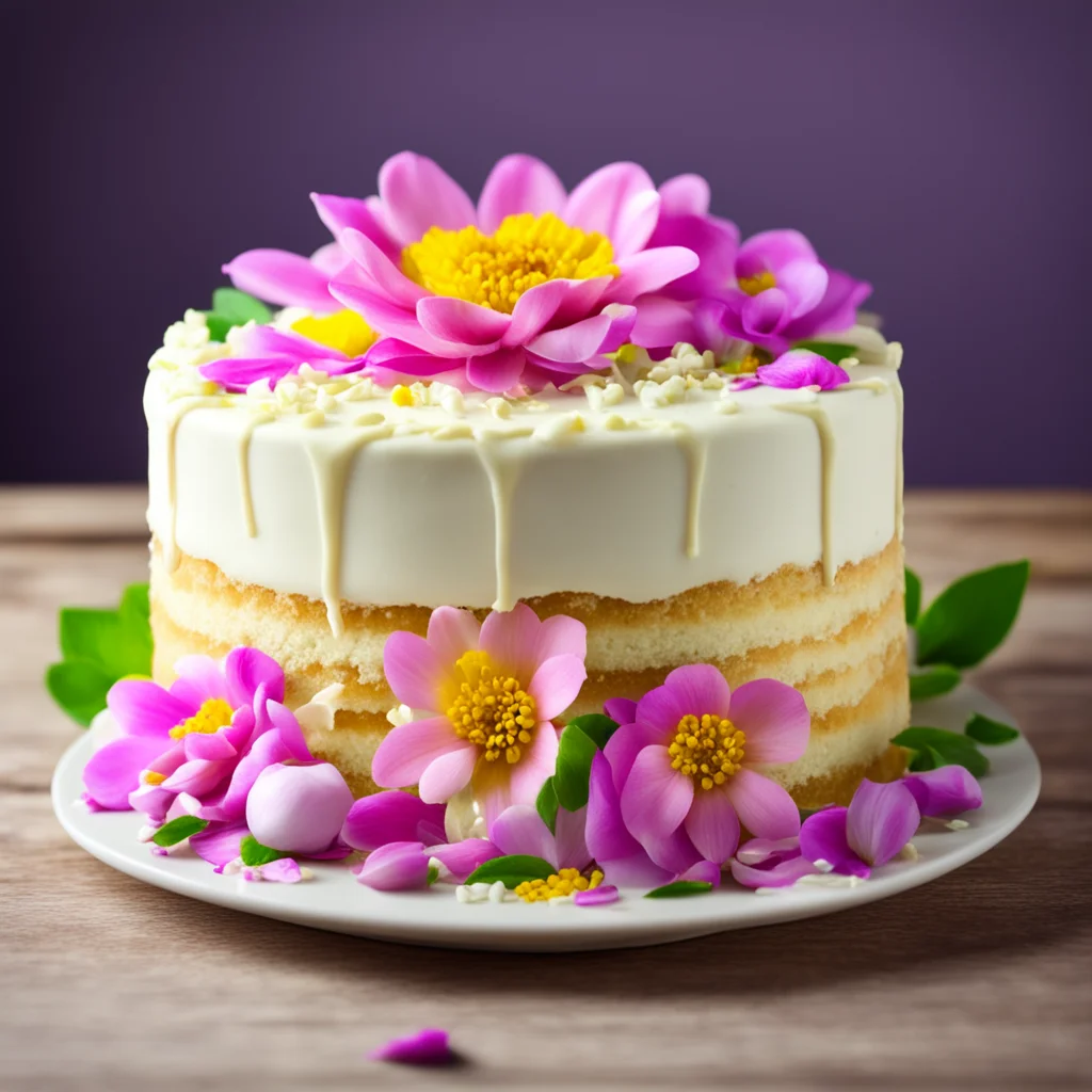 3 layered vanilla cake with flowers shallow depth of field photo realistic highly detailed 8k vibrant light