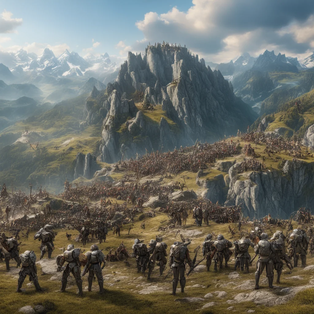 3 medieval battle Mechas versus a thousand soldiers with guns on a mountain scape in Austria matte painting highly detai