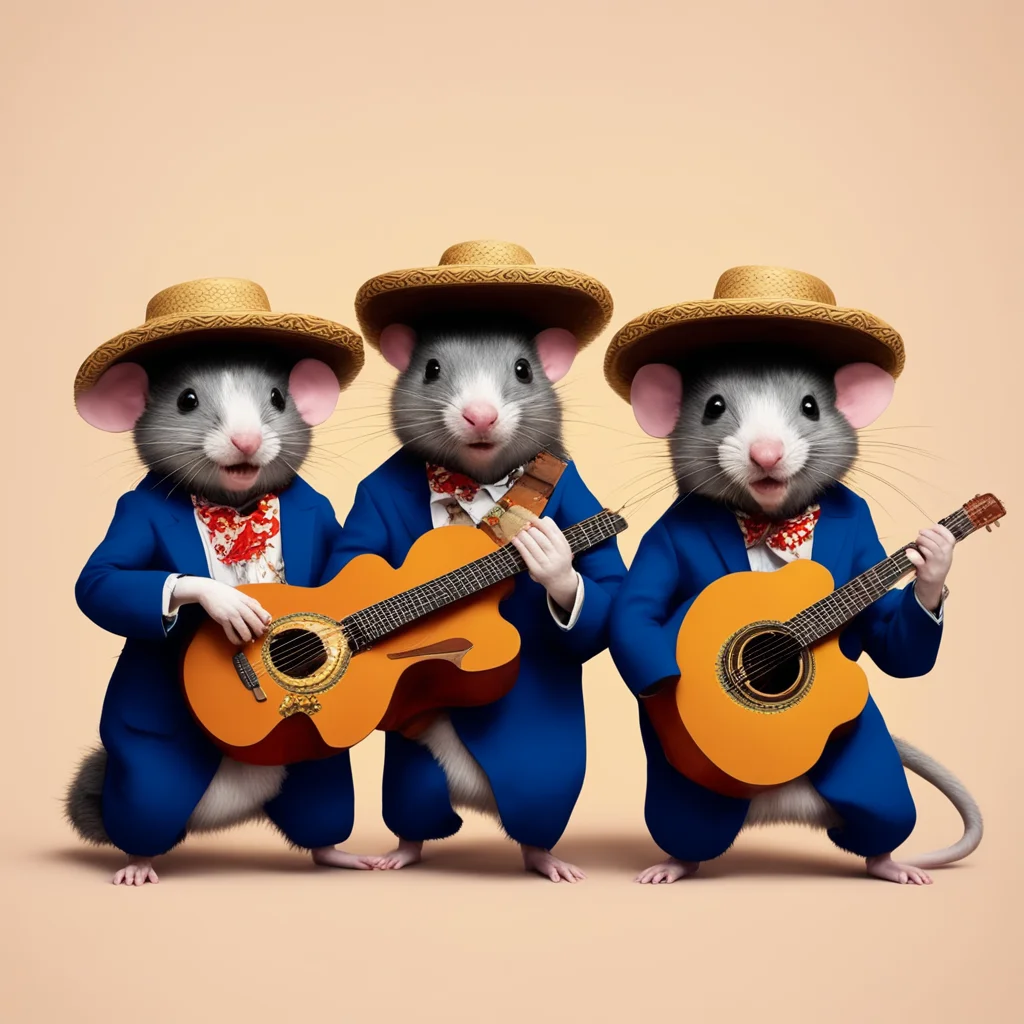 3 rats dressed as mariachi band  with larg sombreros on head playing guitars  rats have mustaches  in style of ghibli mo
