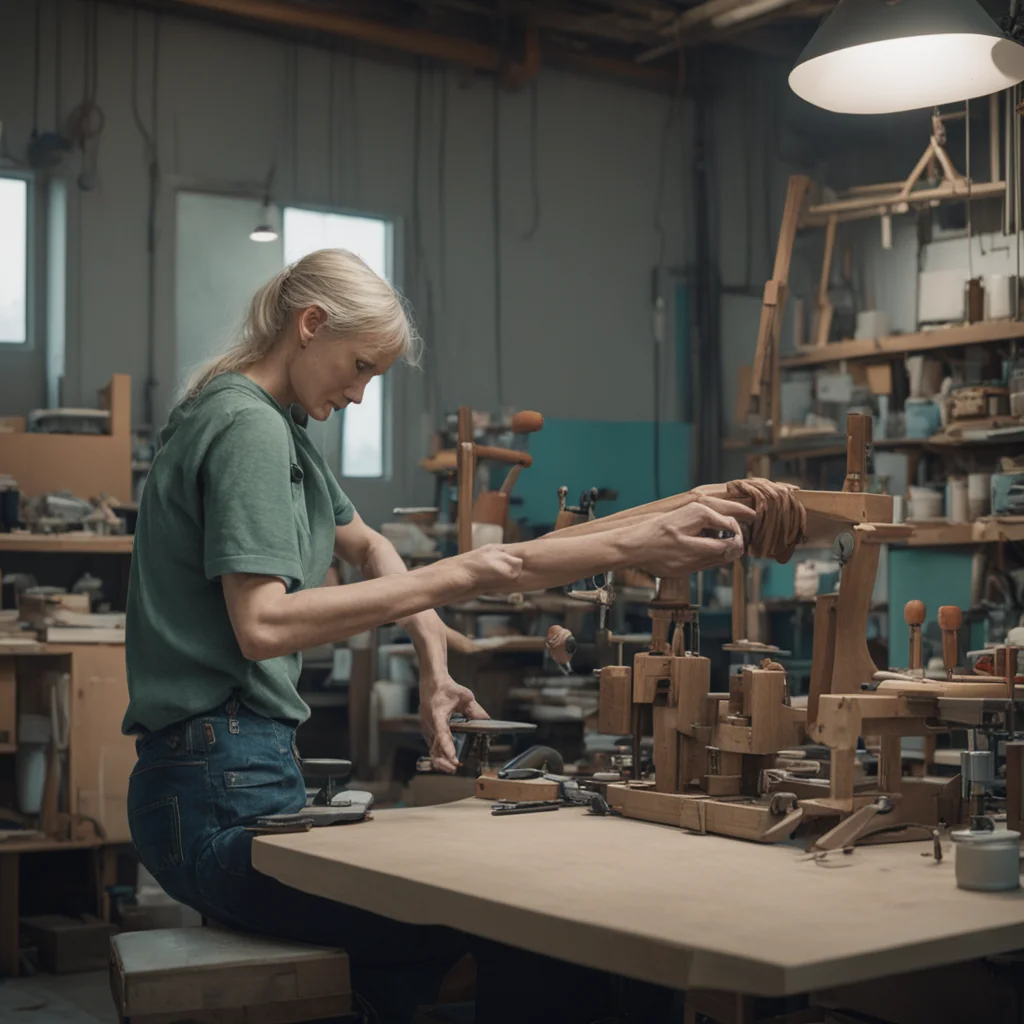 30 year old woman working on her wooden marionette arm in a workshop Simon Stalenhag Roger Deakins cinematic cyberpunk w