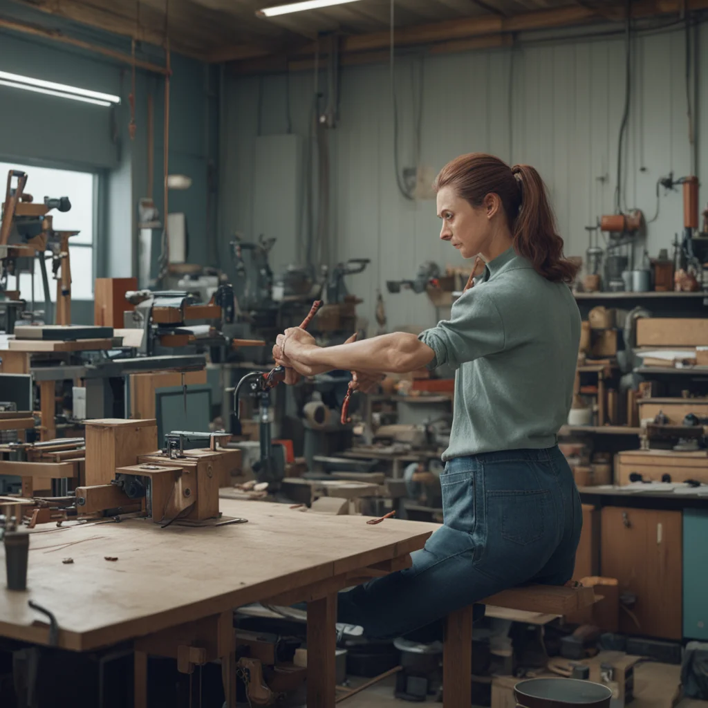 30 year old woman working on her wooden marionette arm in a workshop Simon Stalenhag The Electric State Roger Deakins ci