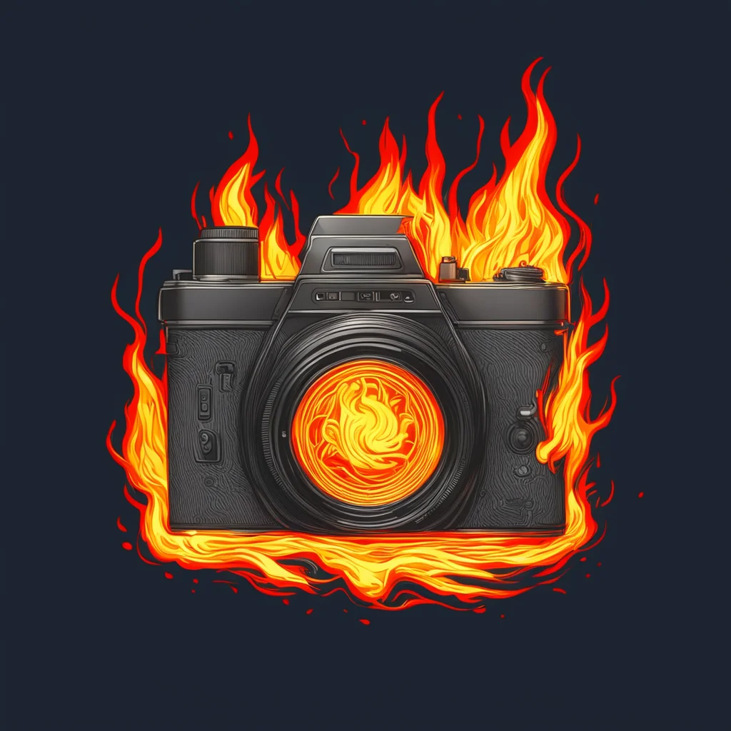35mm camera on fire logo design detailed linework artstation