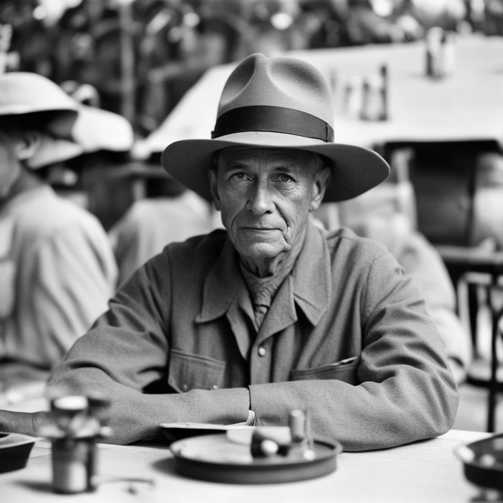 35mm film photograph ww2 drill instructor wearing campaign hat sitting at table at camp