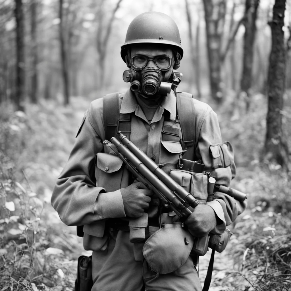35mm photograph film grain ww2 american soldier m14 rifle on shoulder equipped with radio backpack gasmask