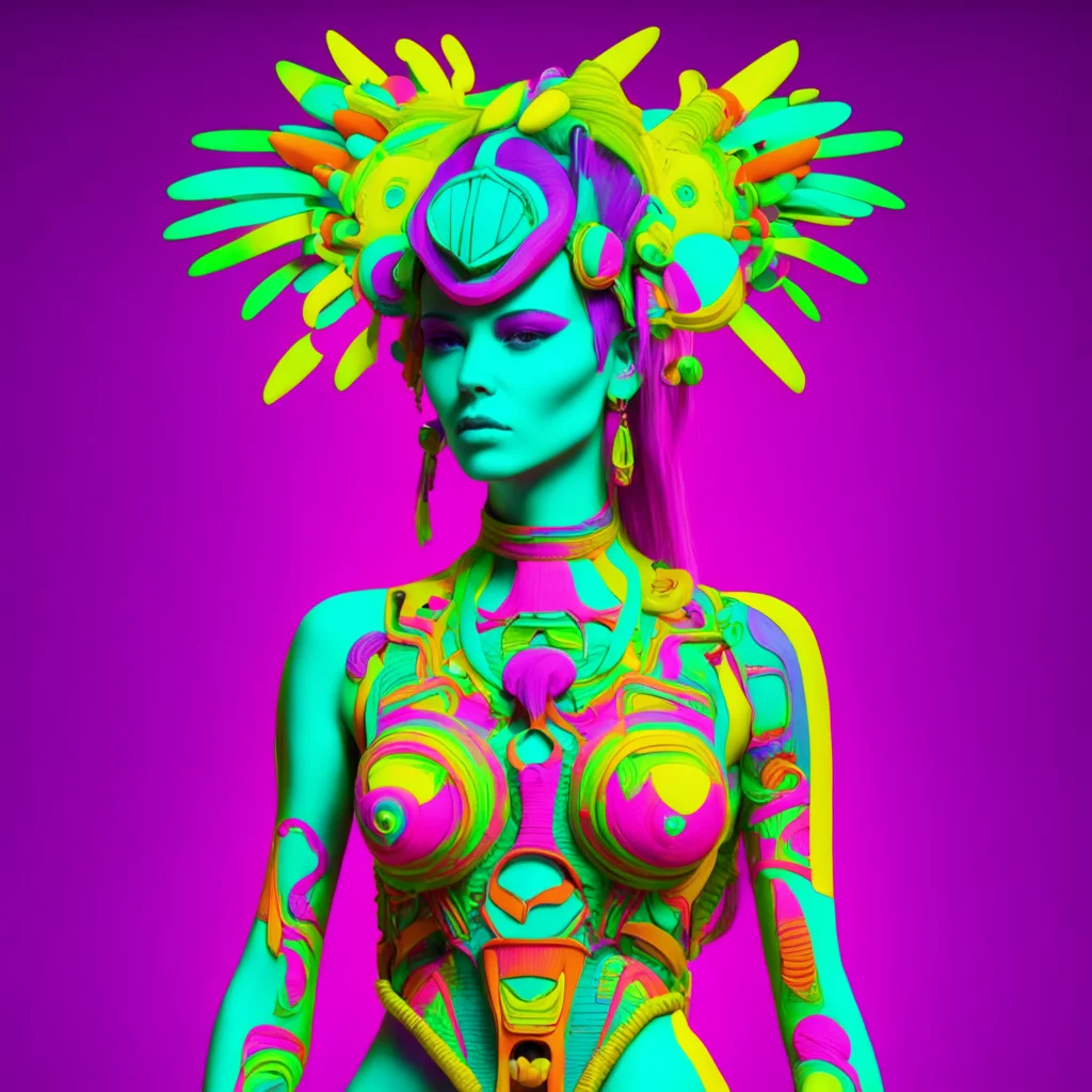 3D neon woman in tribal wear in the style of Roger dean tank girlar 916