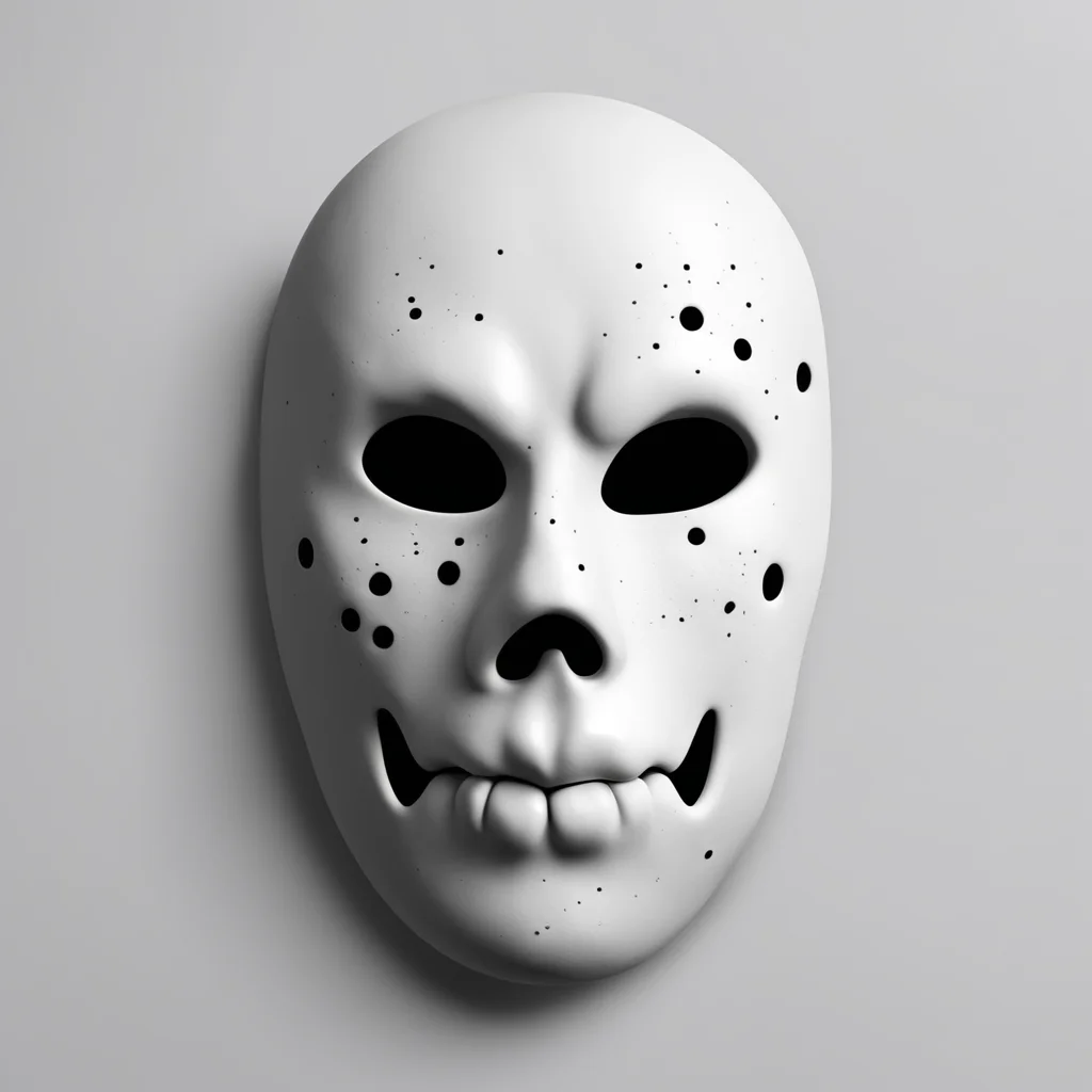 4k realistic render of a white circlur mask with black eye holes and a creepy mouth