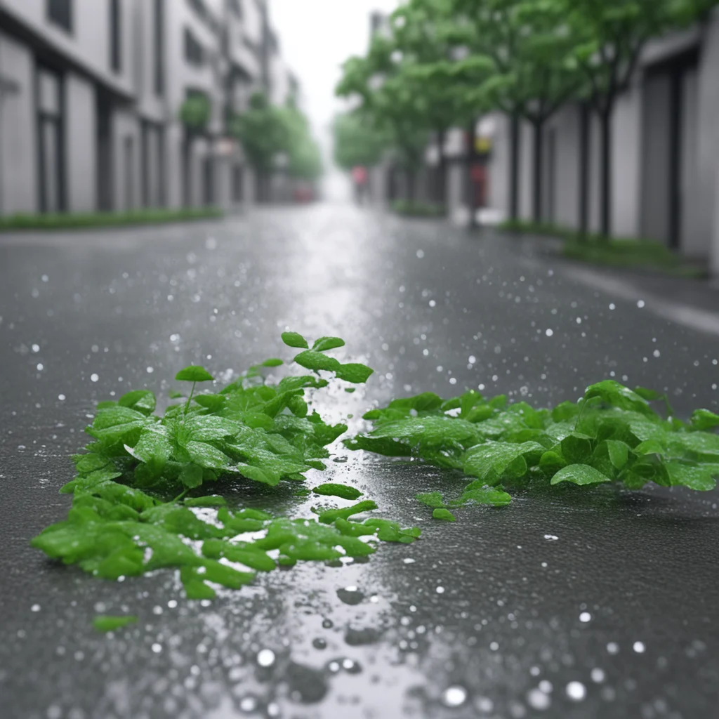 60mm shot photography of a street in a rainy and overcast day low dあrkgreen bush with clear and transparent drops of wat