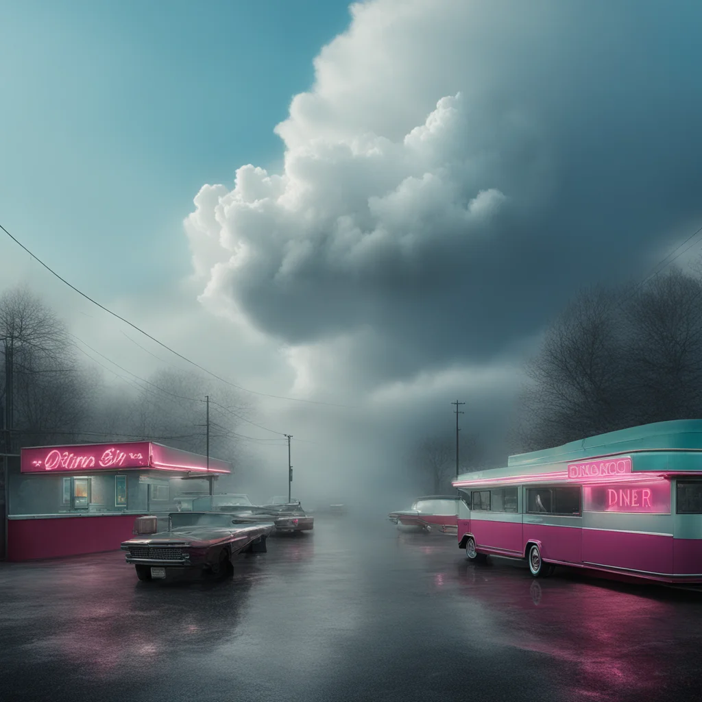 60s diner in the mist in the style of Gregory crewdson in the sky a giant cloud woman looking down —test