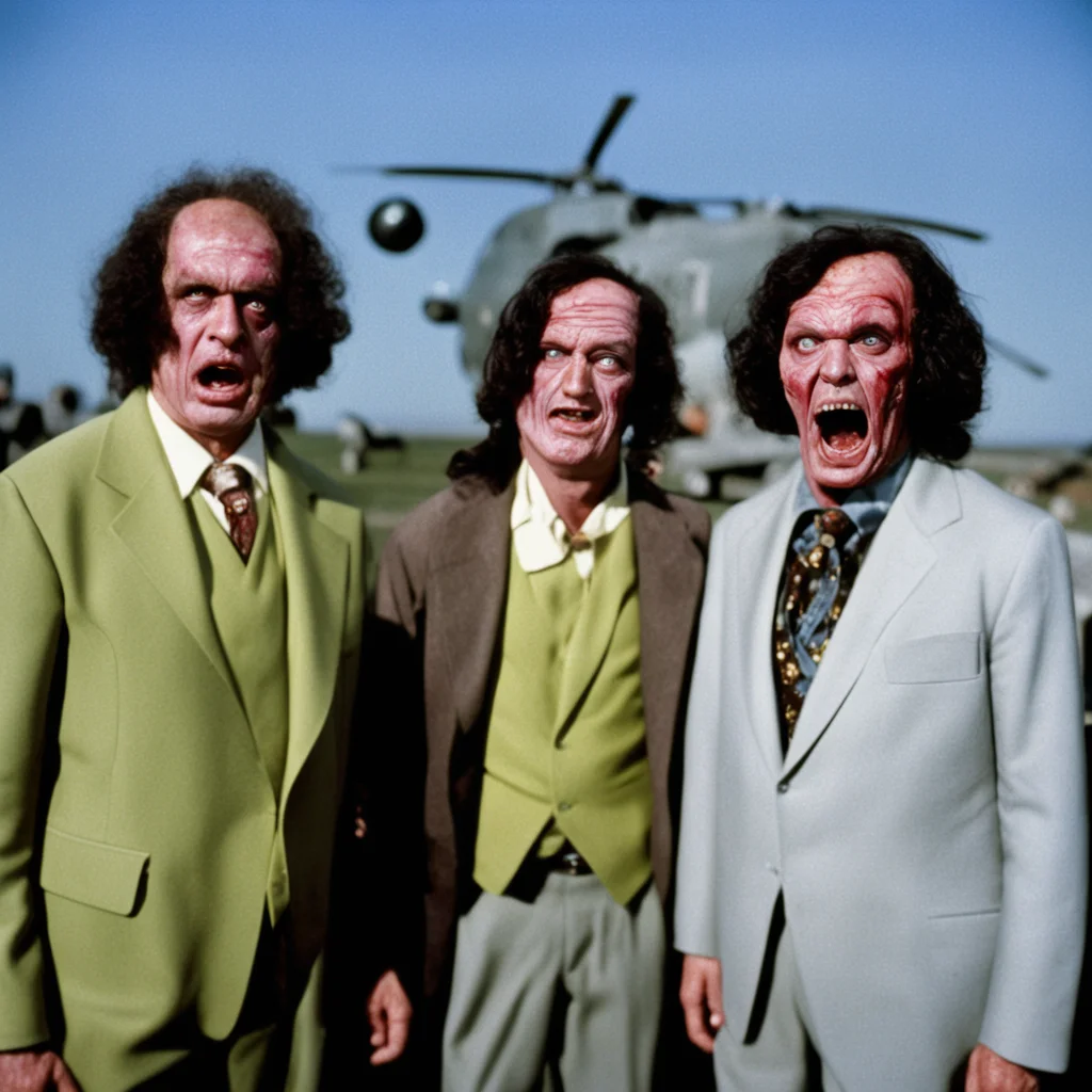70mm bald helicopter zombie still from the 1978 movie Dawn of the Three Dead Stooges in technicolor starring Moe Howard 