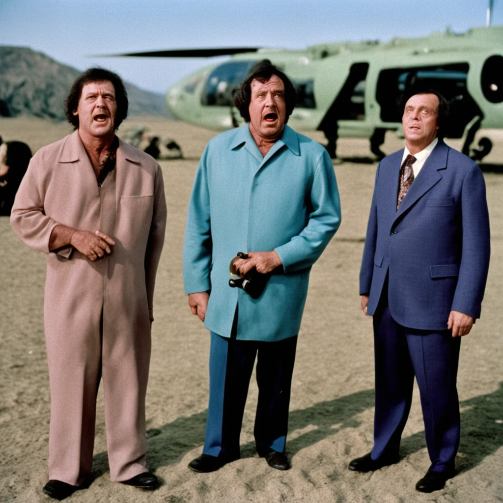 70mm helicopter bald still from the 1978 movie Dawn of the Three Dead Stooges in technicolor starring Moe Howard Larry F