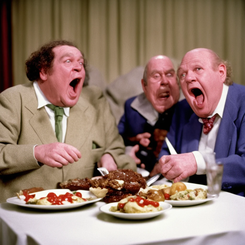 70mm still from the 1981 movie My Dinner With The Three Stooges in technicolor starring Moe Howard Larry Fine bald Curly