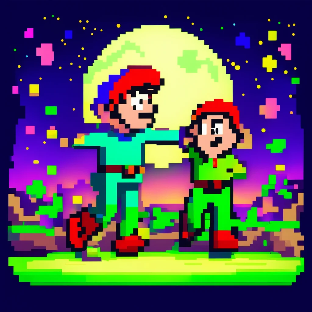 8 bit video game graphics of Mario and Luigi dancing in the moonlihght